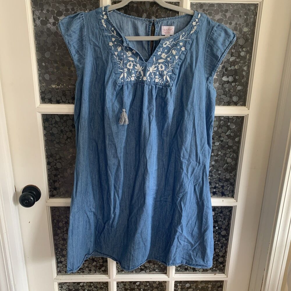 Isabel Maternity Denim Dress Embroidered Peasant Sz L Chambray